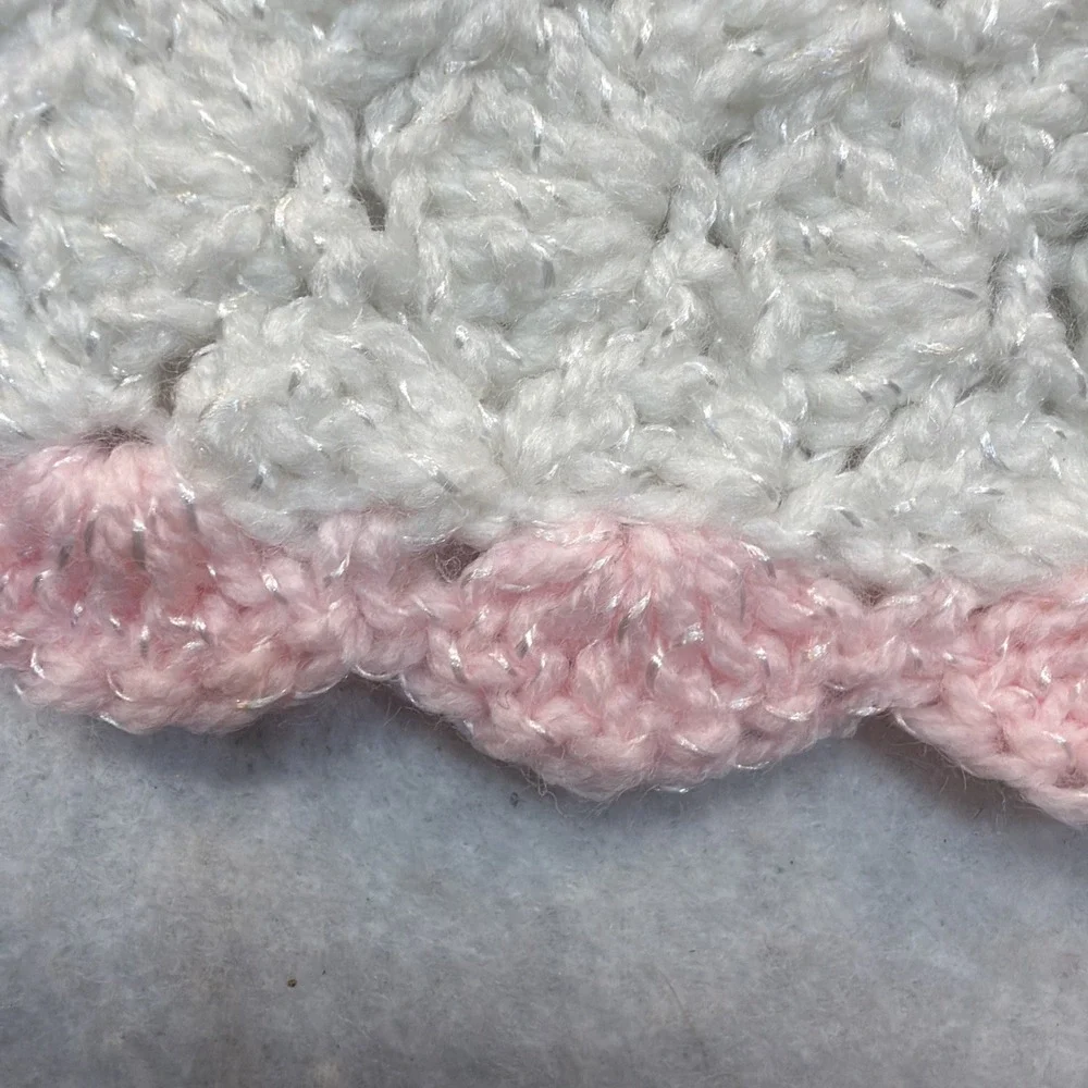 Handmade Crochet Baby Blanket White With Pink Border. With‎ A Little Sparkle